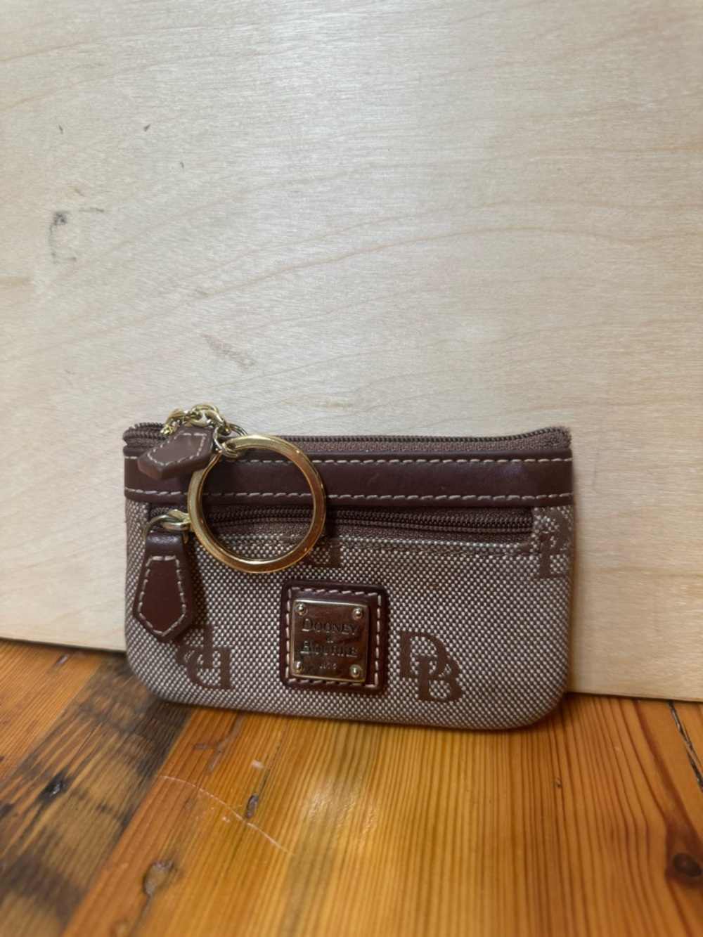 Dooney & Bourke Brown Canvas Signature Key Pouch with Gold Ring